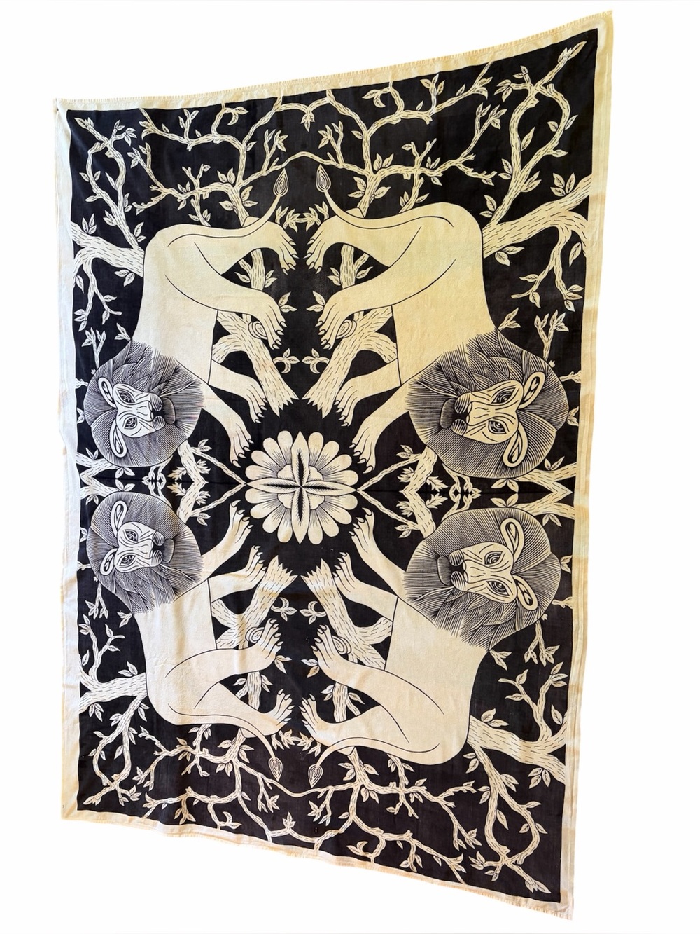 Vtg 4 Lions Vine Tree Jungle Cotton Tablecloth Art Wall Tapestry Made in India